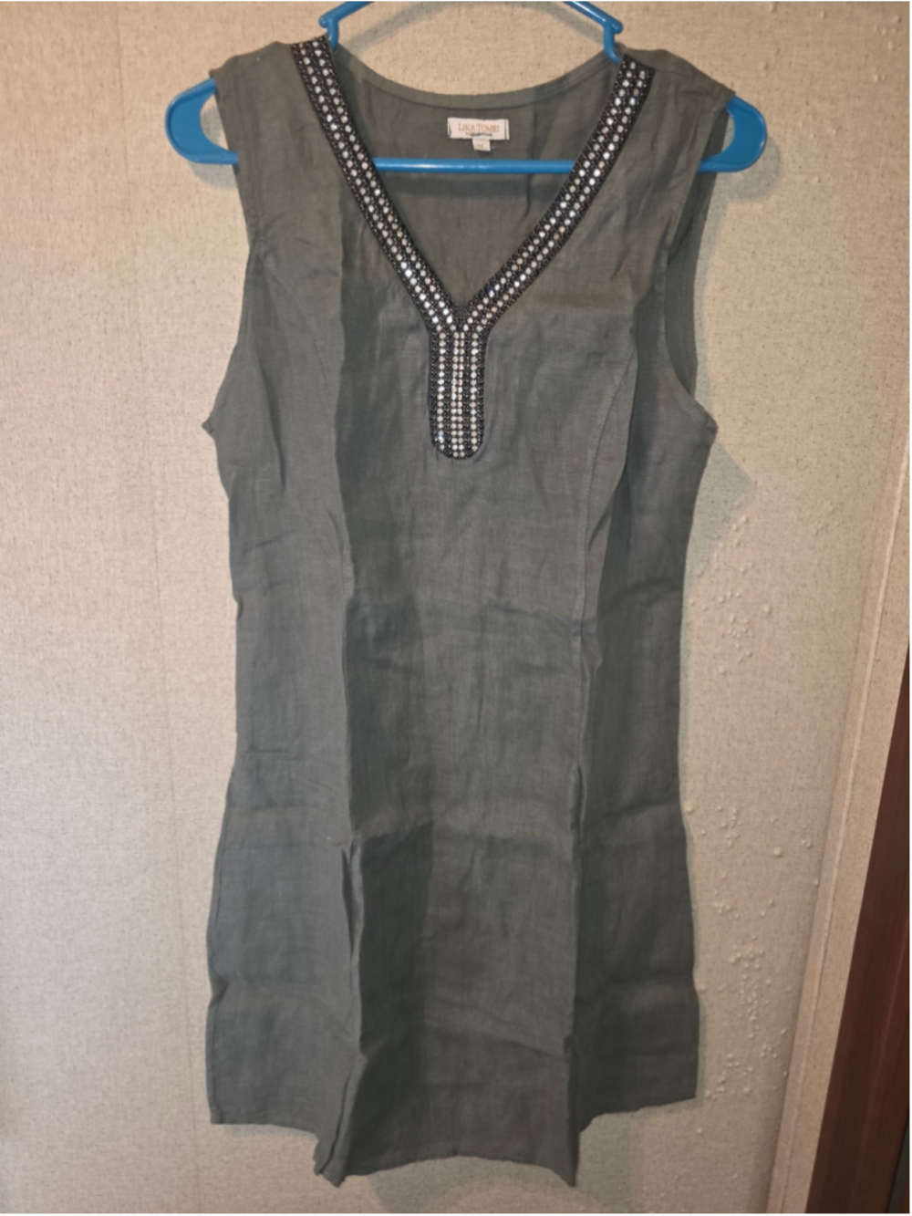 Women's Lina Tomei Grey olive Mini Dress with Silver Embellishments, Size M chic